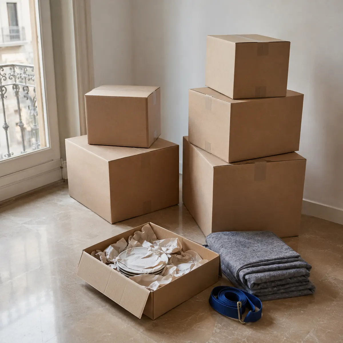 Ilustración de cajas ordenadas, vajilla envuelta en papel y mantas plegadas